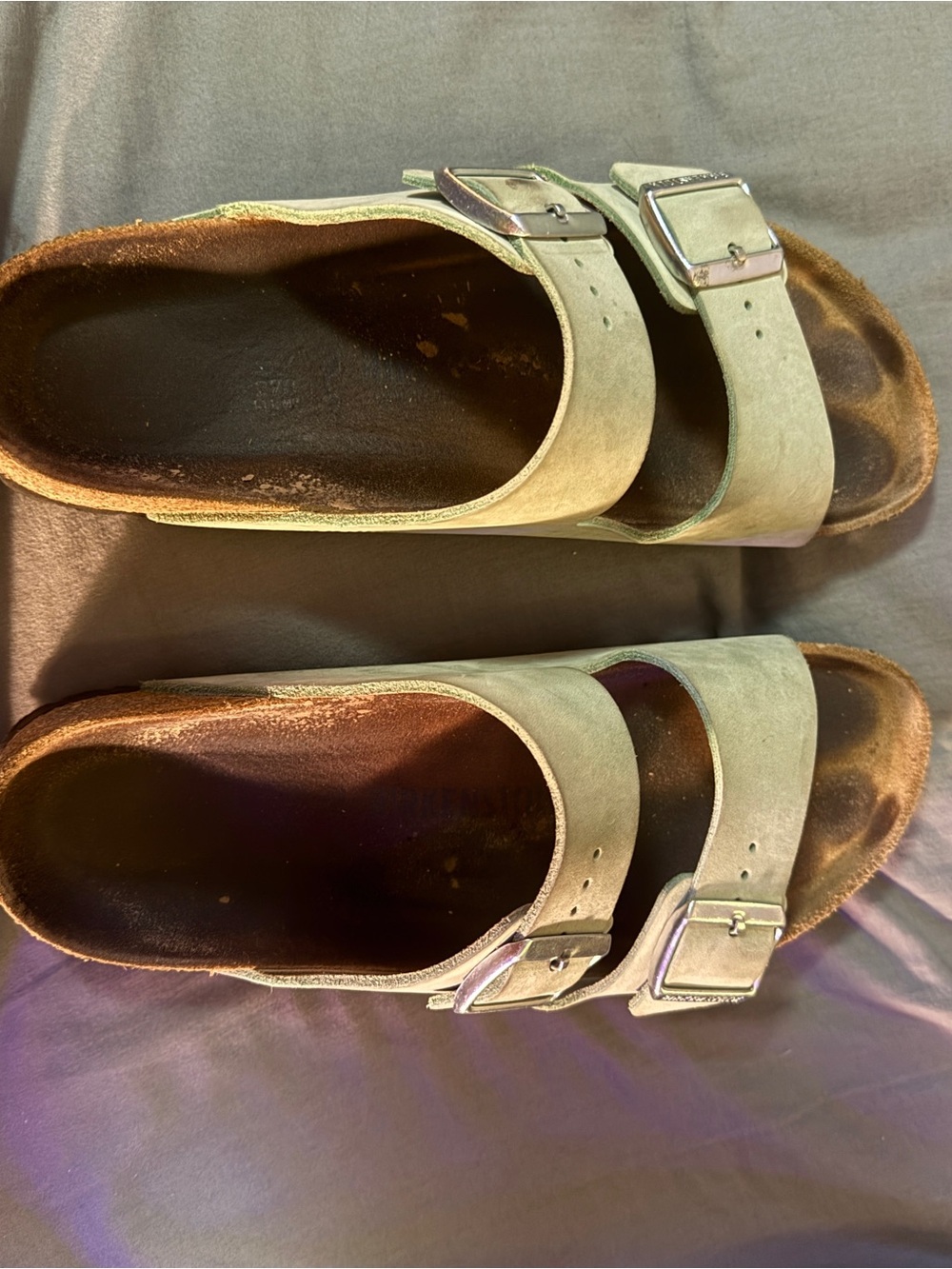 Birkenstock Double-Buckle Sandals in Light Green Suede